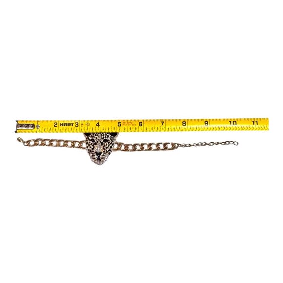 Gold-Tone Leopard Head Statement Bracelet Rhinestones & Black Enamel Detailing - Picture 8 of 10